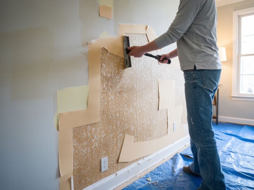 Osoba zdzierająca tapetę ze ściany za pomocą skrobaka