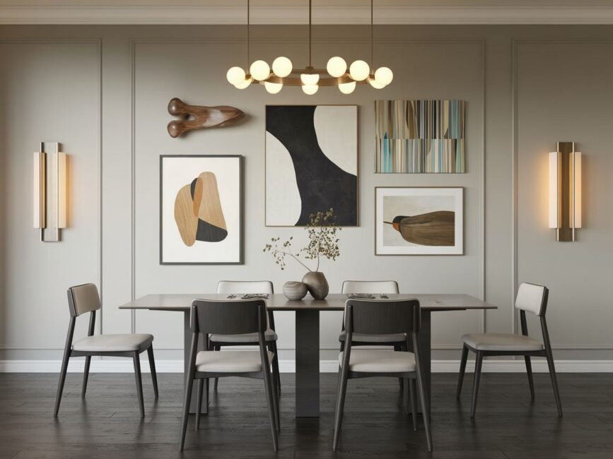 Aranżacja ściany w jadalni z nowoczesnym obrazem