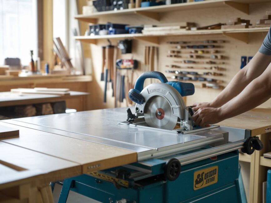 Piła tarczowa i stół roboczy w profesjonalnym warsztacie